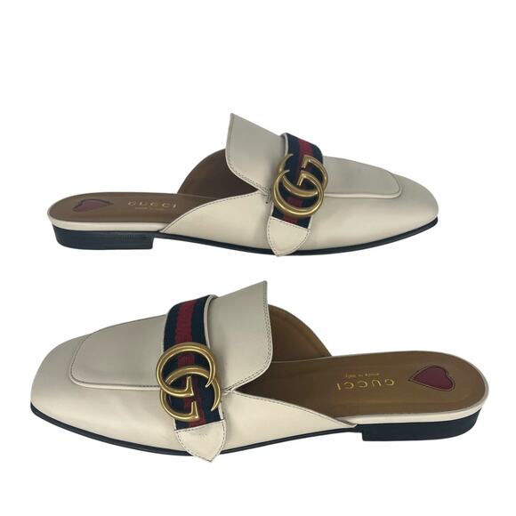 Gucci Peyton Marmont GG Logo Web Stripe Leather Mules in White - Picture 1 of 15